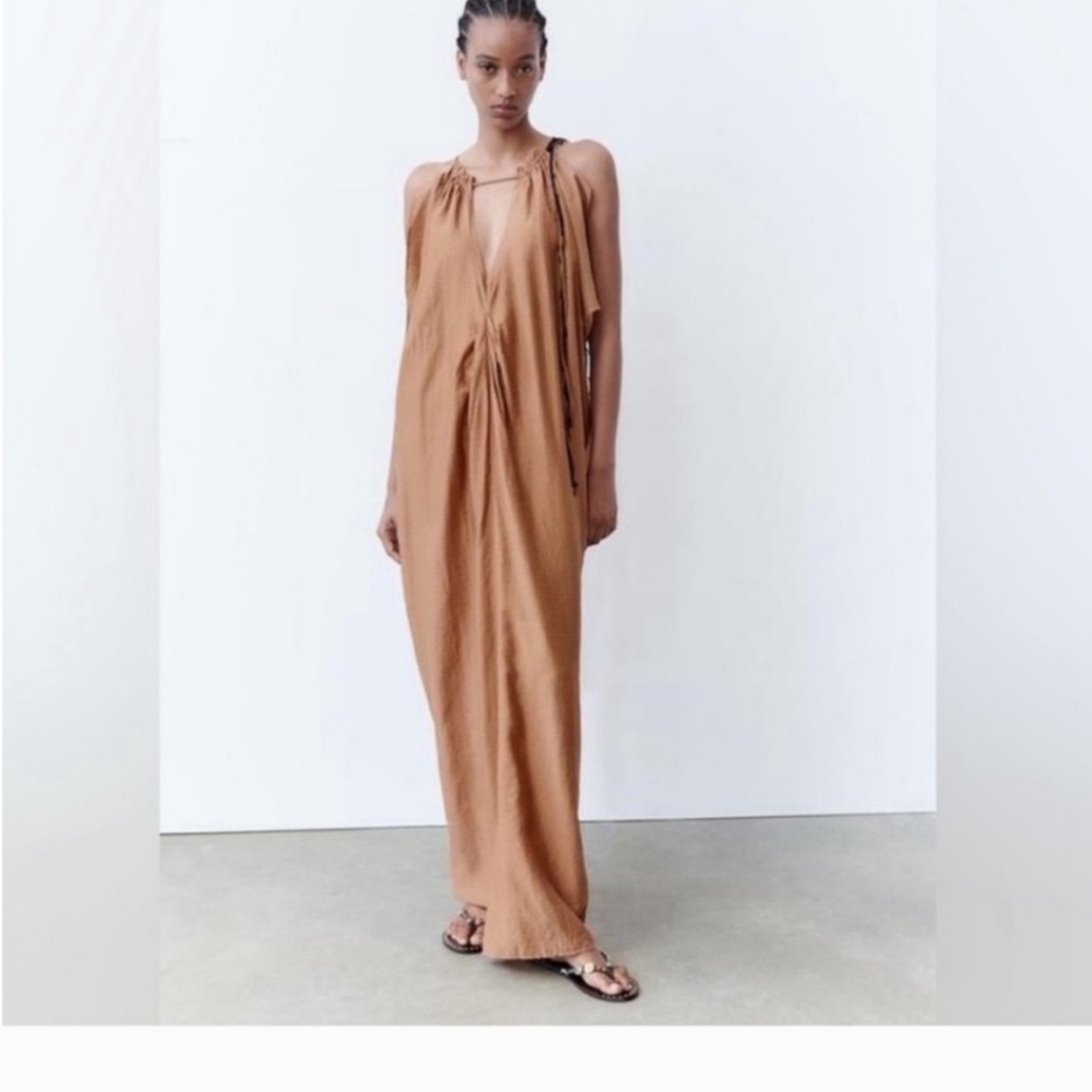 Zara Kaftan Beaded Neckline Maxi Dress/Swim Beach Cover-Up Size XS
